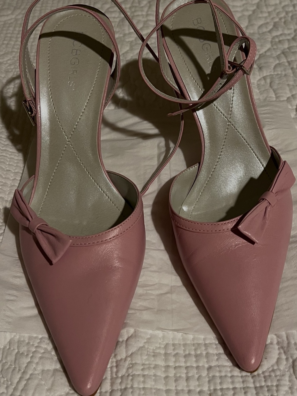 BCBG Powder Pink Pointed-Toe Ankle-Strap Pumps with Bow
